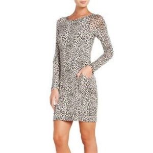 BCBGMaxAzria Dress Crista Fitted Animal Leopard Scoop Neck Sheer Long Sleeve  L
